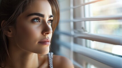 Wall Mural - Contemplative woman looking out the window