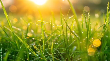 Poster - Crystal clear dew drops on lush green grass at sunrise