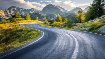 Wall Mural - Curved asphalt road in Austria with breathtaking mountain views