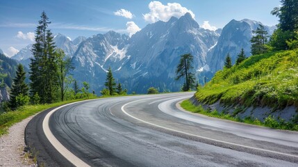 Wall Mural - Curved asphalt road in Austria with breathtaking mountain views