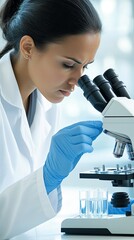 Wall Mural - a scientist in a lab coat and blue gloves studies test tubes through a microscope, engaged in intric