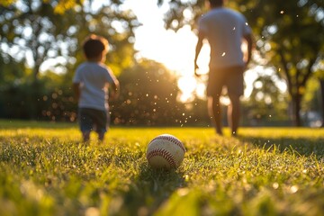 Father and son playing in the park at the sunset time, Generative AI