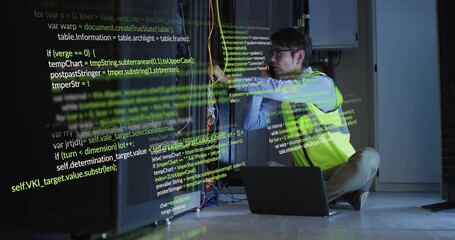Poster - Animation of digital data processing over it asian male technician computer servers