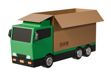 Poster - 3D Green Truck delivery express car icon on isolated purple background. Online shopping, E-commerce and Send a parcel delivery service concept. Minimal Cartoon Van truck logistic icon. 3d render.