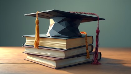 Low poly wireframe book and graduation cap symbolizing academic achievement and the pursuit of knowledge