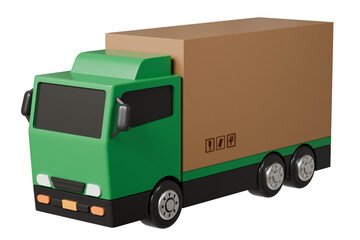 Poster - 3D Green Truck delivery express car icon on isolated purple background. Online shopping, E-commerce and Send a parcel delivery service concept. Minimal Cartoon Van truck logistic icon. 3d render.