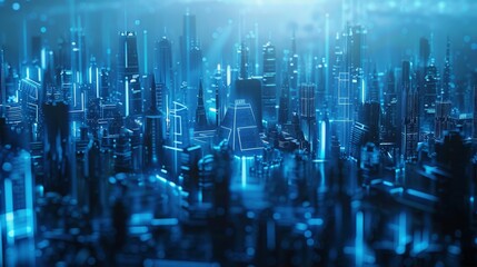 Fototapete - Futuristic cityscape with visible wireless network links and devices