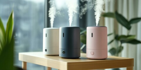 Three humidifiers on wooden table, emitting steam.