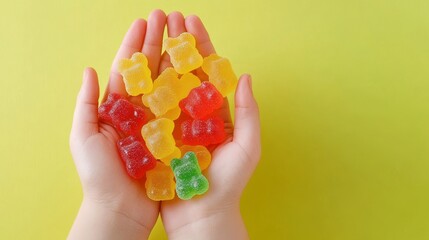 Wall Mural - A hand holds colorful hard candies against a bright background