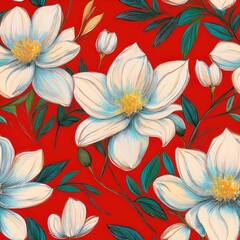 Wall Mural - Beautiful white flowers on red background. floral seamless pattern.