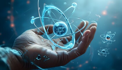 Blue-themed digital artwork showcasing hands intertwined with an atomic symbol, highlighting the essence of scientific innovation and collaboration