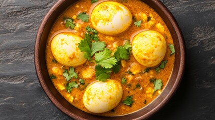 Wall Mural - In a traditional bowl, this hearty egg curry is topped with fresh cilantro