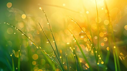 Wall Mural - Morning dew forming delicate beads on spring grass