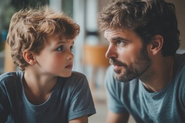 Father son relationship concept. Father having a talk with his son child spending time together, Generative AI