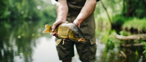 A person holding a freshly caught fish by a river, surrounded by lush greenery, embodying the thrill of fishing in nature.