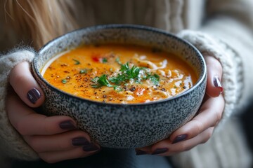 Woman eating tasty cream soup at home, Generative AI