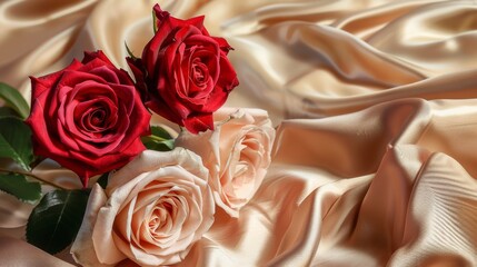 Wall Mural - Red and pink roses on beige silk with delicate light effects