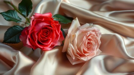 Poster - Red and pink roses on beige silk with delicate light effects