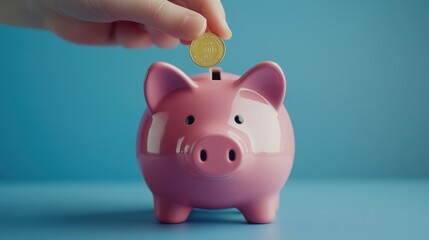 A large pink piggy bank with tiny toy coins being inserted, representing early lessons on saving for children