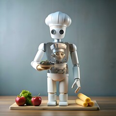 Wall Mural - A friendly robot chef in a white chef's hat serves a plate of food.