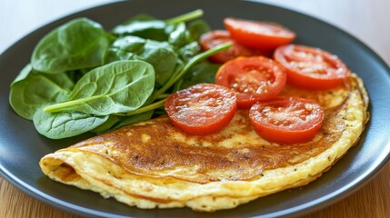 In a bright, sunny place, a colorful vegetarian breakfast is served with an omelet, whole-grain toast, and sautéed spinach