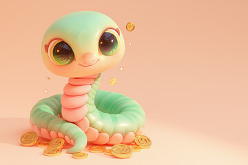 Poster - 2025 cartoon 3D snake. The snake is sitting on a pile of gold coins