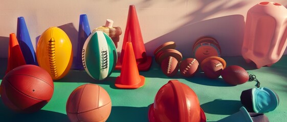 Wall Mural - a playful array of different sports equipment including balls and cones, displayed on a colorful cou