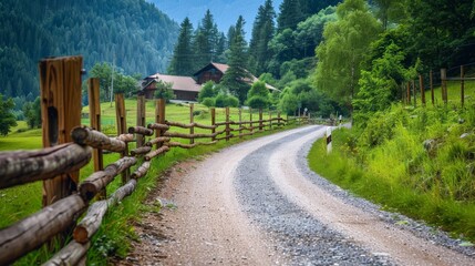 Poster - Tranquil asphalt road in Austria with a rustic wooden fence