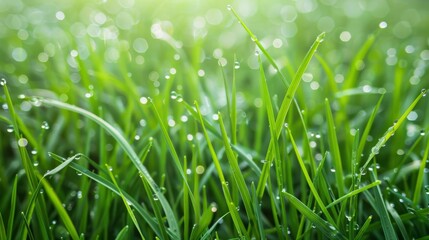 Aufkleber - Wet morning dew on fresh green grass under soft light
