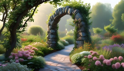 Serene garden walkway adorned with stone arches, flourishing foliage, and vibrant blossoms illuminated by gentle morning light