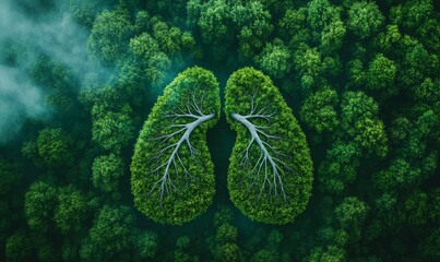 Green lung forest in a shape of lungs. healthy lungs fresh air concept, Generative AI