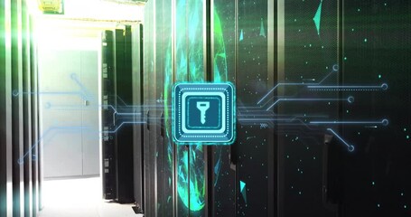 Poster - Animation of digital data processing with key icon over computer servers