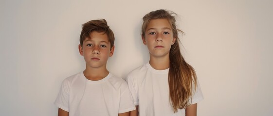 Two children wearing white shirts stand side by side against a plain background, looking directly into the camera with neutral expressions.