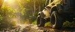© Ai Studio - A rugged jeep traverses through a dense forest, navigating a muddy terrain with determination under the golden hues of a setting sun.