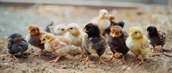 A heartwarming gathering of fluffy, yellow-brown chicks huddled on bare ground, exuding warmth and new life in a rustic environment.