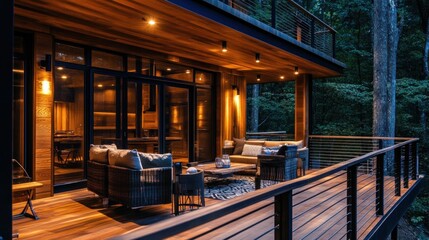 Modern wooden cabin with patio overlooking a forest at dusk.