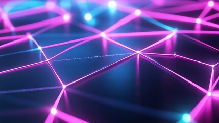 Wall Mural - Digital nodes are connected by bright neon lines in this futuristic network grid