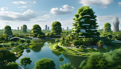 Eco-conscious city skyline featuring green architecture and a globe, highlighting urban sustainability and environmental preservation.