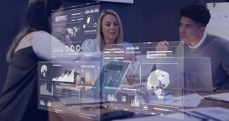 Poster - Animation of data processing over diverse business people in office