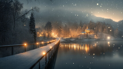 A winter landscape covered with a snowy blanket reflects the magic of the approaching year 2025 in bright lights