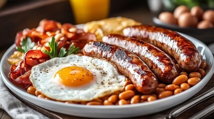 Served with a white plate and pot of tea, fried eggs, sausages, baked beans, and grilled tomatoes make up a classic English breakfast