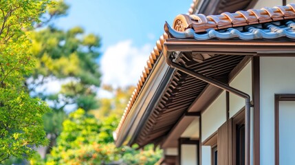 A close-up of a traditional Japanese house with a brown roof and wooden beams, with a blue sky and green trees in the background.