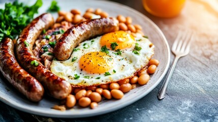 A classic English breakfast with fried eggs, sausages, baked beans, and grilled tomatoes, served with a pot of tea in the background