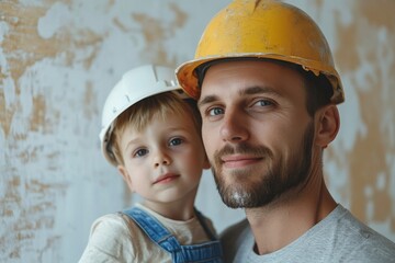 happy family handsome father and charming cute little son in helmet hardhat painted wall with paint white color . concept of repairs house ( apartment, Generative AI