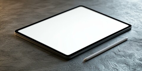 Tablet and stylus on a grey surface.