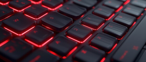 Poster - Close-up of a modern gaming keyboard with vibrant red backlighting highlighting the keys for an immersive gaming experience.