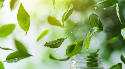 Aufkleber - Essential oil falling from green leaves into a luxury cosmetic container