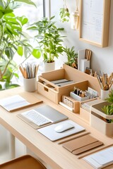 Poster - Minimalist Home Office Desk with Laptop, Notebook and Plants.