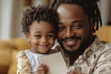 Wall Mural - Little afro boy hugging dad and giving him handmade postcard, Generative AI