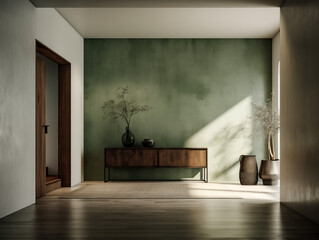 Wabi sabi and japandi japanese style rustic interior in forest green, white and neutral with wood, pottery and texture elements